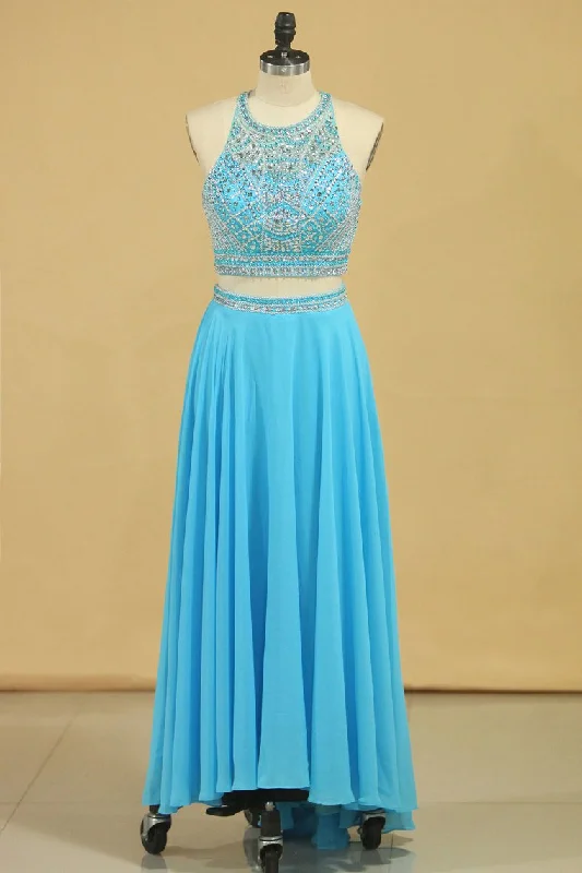 Two-Piece Scoop Prom Dresses A Line Open Back Chiffon & Tulle With Beading