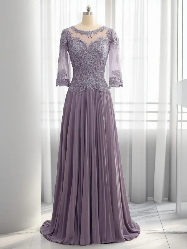 A-line Scoop 3/4 Sleeves Appliques Lace Sweep Train Chiffon Mother of the Bride Dress