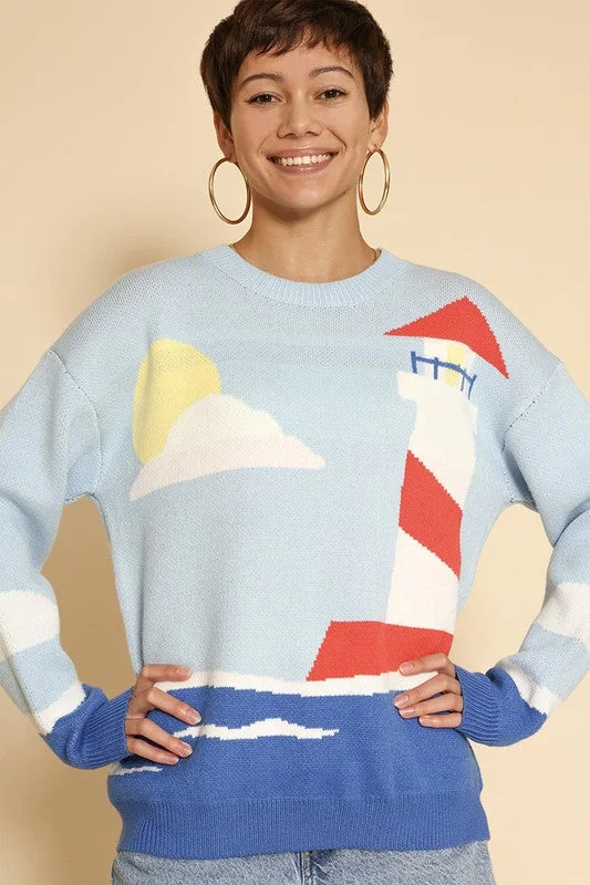 Lighthouse knit sweater Solid Color Striped Floral Print