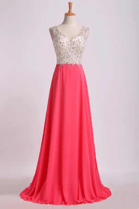 V Neck Beaded Bodice Prom Dresses A Line Sweep Train Chiffon&Tulle