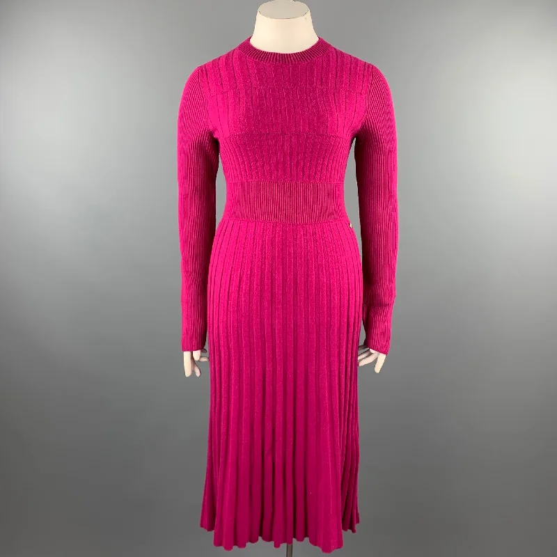CHANEL Size 10 Fuchsia Knitted Pleated Wool Crew-Neck Sweater Dress Stretchy Elastic Breathable
