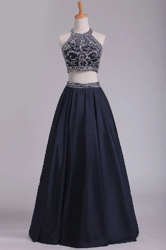 Two-Piece Halter Beaded Bodice A Line Prom Dresses Taffeta Floor Length