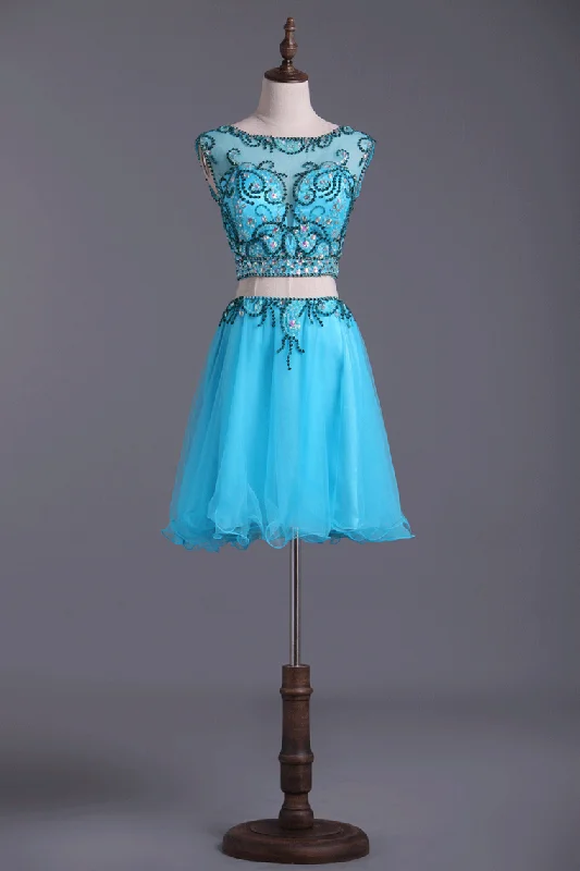 Two Pieces Scoop Homecoming Dresses A Line Tulle With Beads Mini