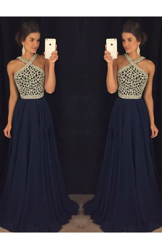V Neck Prom Dresses A Line Beaded Bodice Sweep Train Chiffon