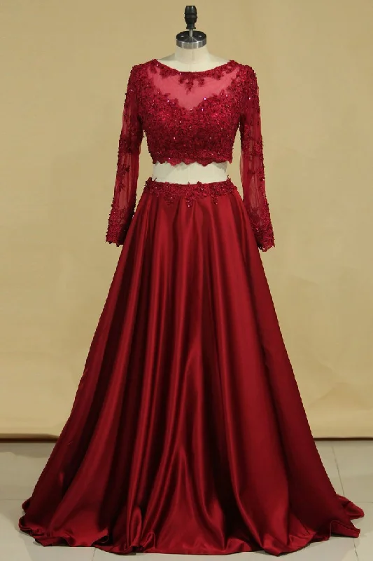 Two-Piece Scoop A Line Satin With Beads And Applique Prom Dresses
