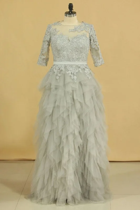 2024 Plus Size Silver Scoop Half Sleeve A Line Mother Of The Bride Dresses With Applique PTBQE7Q8
