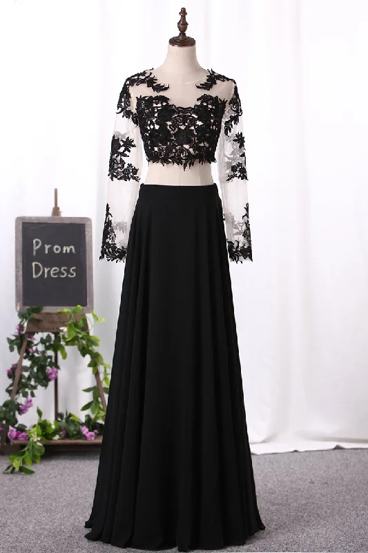 Two-Piece Scoop Long Sleeves Prom Dresses A Line Chiffon With Applique
