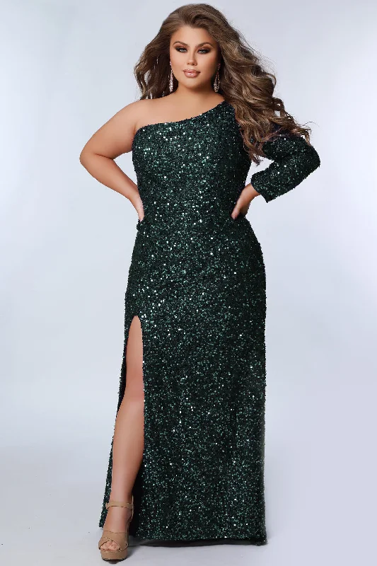 Sydney's Closet SC7319 Prom Evening Dress One Long Sleeve Fitted Plus Sized with Slit