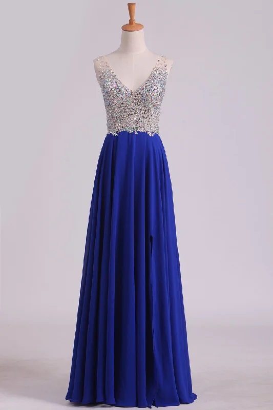 V Neck Beaded Bodice A Line Prom Dresses Chiffon With Slit Sweep Train
