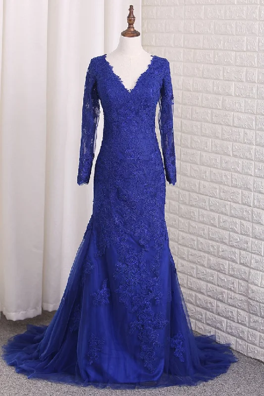 V Neck Long Sleeves Tulle Prom Dresses With Applique Mermaid
