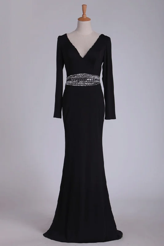 2024 Sexy Open Back Long Sleeves V Neck Spandex Mother Of The Bride Dresses PALJN6M9