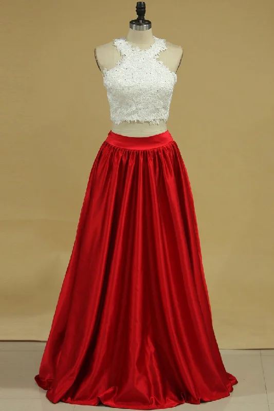 Two-Piece A Line Prom Dresses Scoop Satin With Applique Floor Length