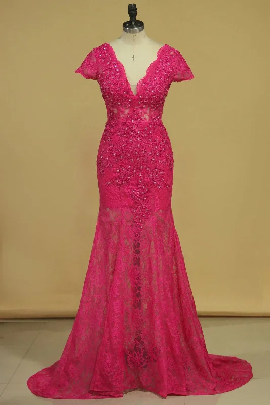 V Neck Short Sleeve Open Back Prom Dresses Lace With Applique And Beads