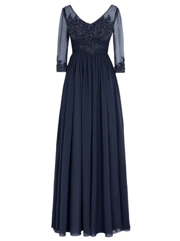 Fancy V-Neck Half Sleeves Appliques Long Mother of the Bride Dress