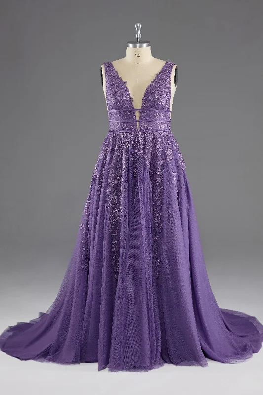 A-line V-Neck Lace Appliques Long Mother of The Bride Dress