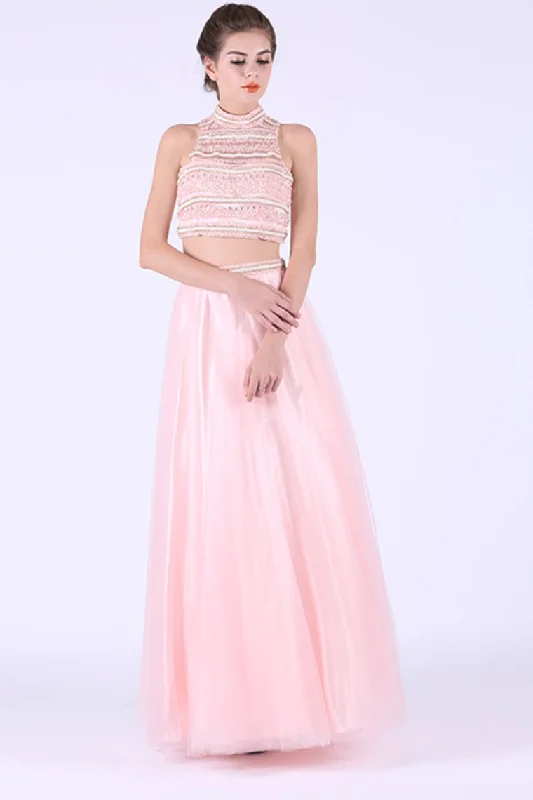 Two-Piece High Neck A Line Prom Dresses With Beads Tulle