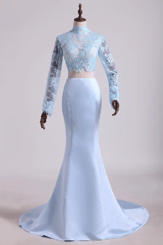 Two Pieces Prom Dresses Mermaid Spandex & Tulle With Applique Light Sky Blue