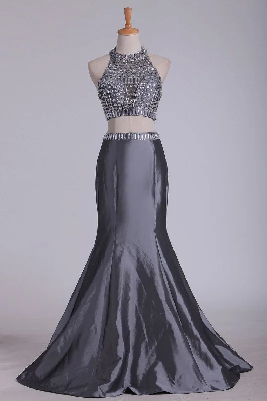 Two Pieces Prom Dresses High Neck Beaded Bodice Mermaid