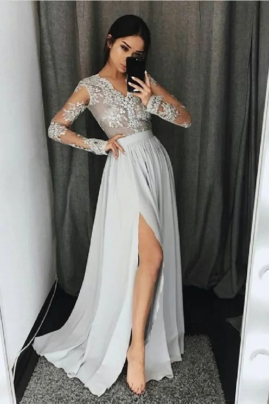 V Neck Long Sleeves Prom Dresses A Line With Applique And Slit
