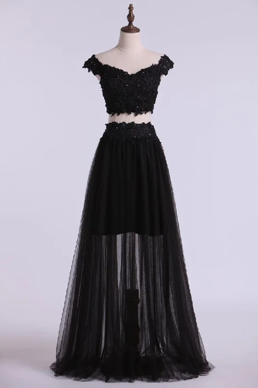 Two Pieces Prom Dresses Tulle A Line With Applique