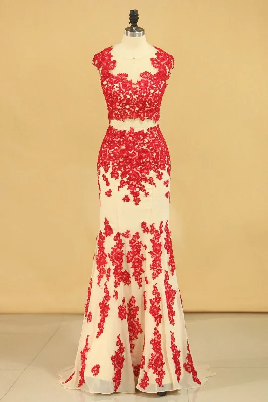Two-Piece Mermaid Prom Dresses Scoop With Applique And Beads Chiffon