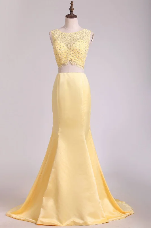 Two-Piece Bateau Mermaid With Beading Prom Dresses Satin & Lace