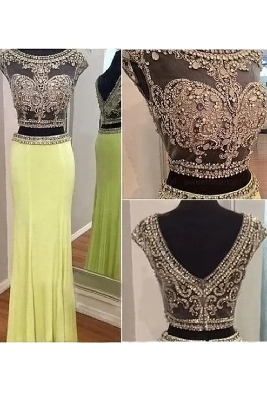 Two-Piece Scoop Column Prom Dresses Beaded Bodice Chiffon