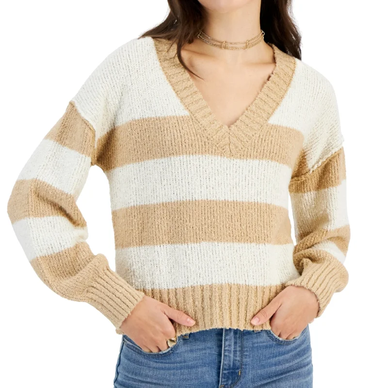 HIPPIE ROSE - V-Neck Boucle Striped Sweater Bright Pastel Dark