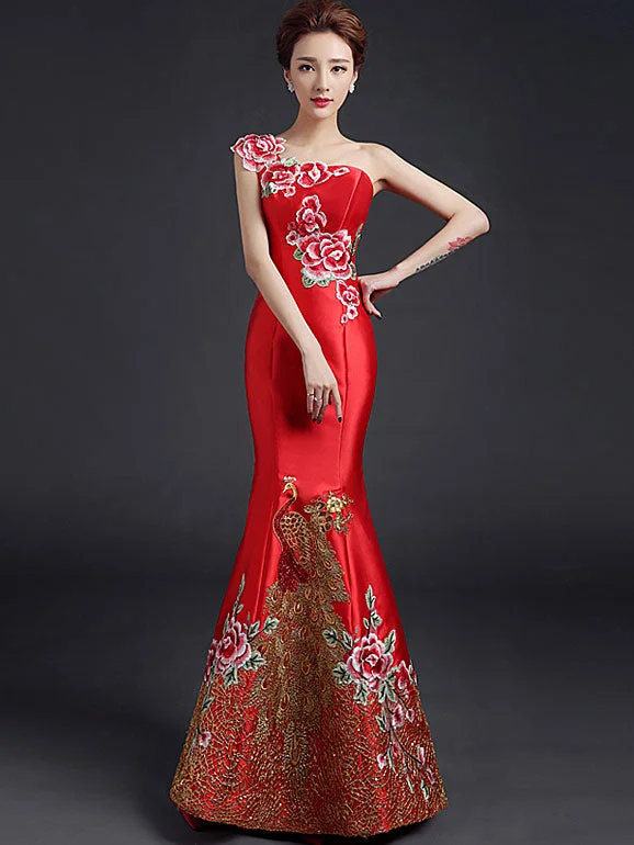 Embroidered Phoenix One Shoulder Fishtail Qipao / Cheongsam Dress