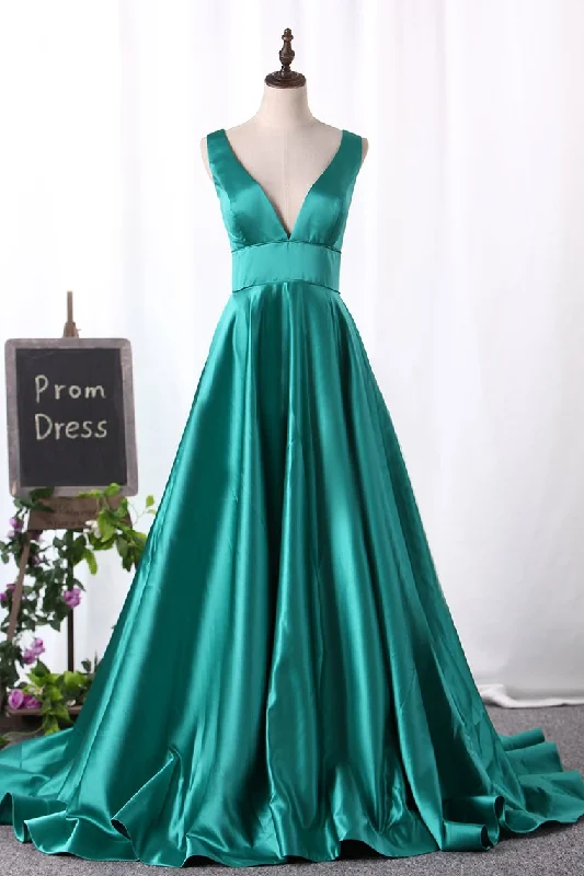 V Neck Evening Dresses A Line Satin Sweep Train Open Back