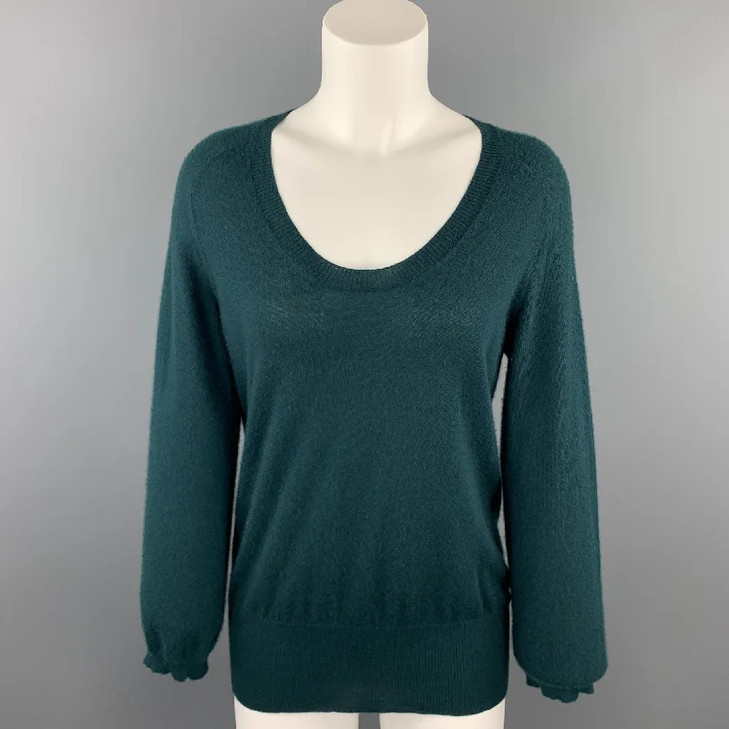 MARC JACOBS Size L Dark Green Knitted Cashmere Scoop Neck Sweater Embroidered Appliqued Beaded