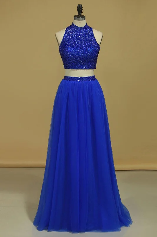 Two-Piece Tulle With Beading Prom Dresses High Neck A Line