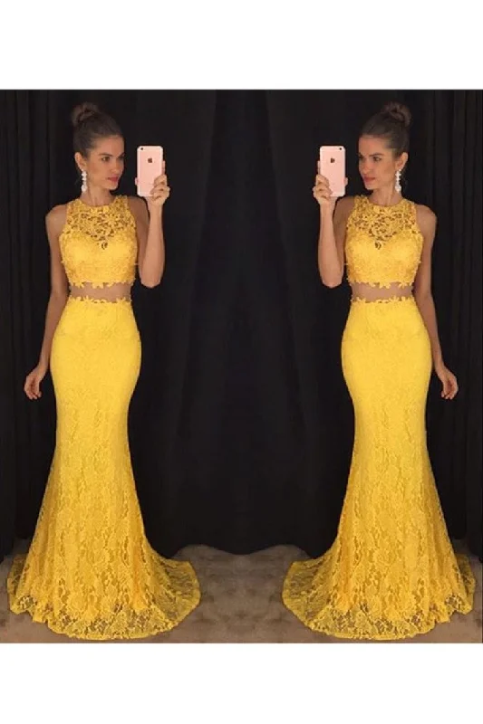 Two-Piece Scoop Prom Dresses Mermaid Lace Sweep Train