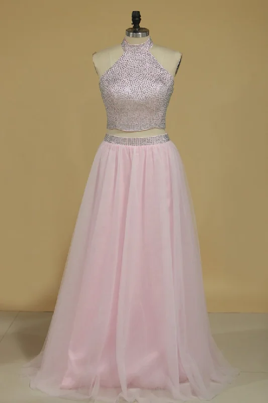 Two-Piece High Neck Beaded Bodice Tulle A Line Prom Dresses