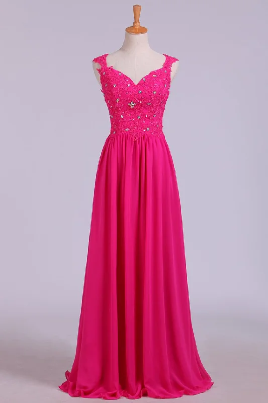 V-Neck A-Line/Princess Prom Dress With Beads & Applique Tulle And Chiffon