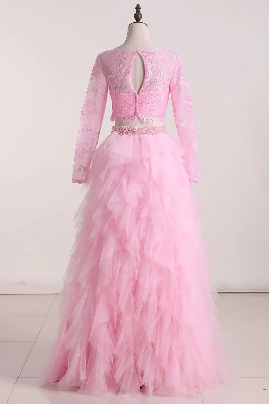 Two-Piece Long Sleeves Prom Dresses A Line Bateau Tulle & Lace