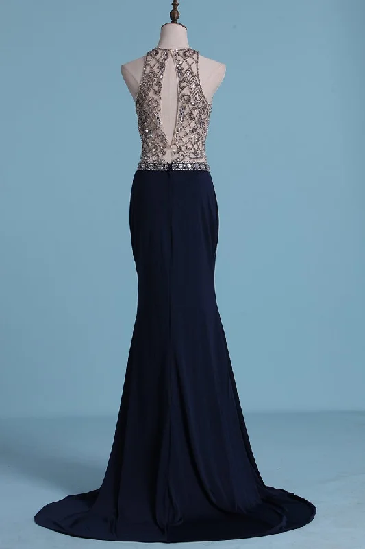 Two Pieces Prom Dresses Sheath With Beading And Slit Sweep Train