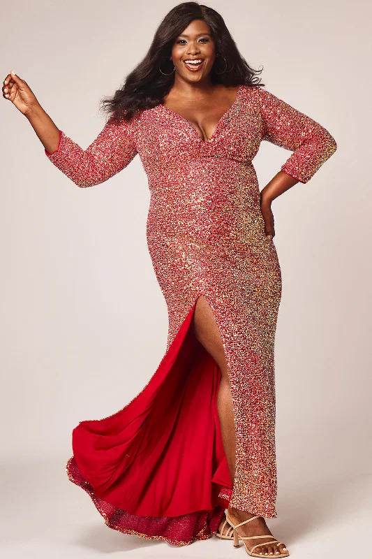Sydney's Closet SC7333 Fitted Long Sleeve Evening Prom Dress with Slit