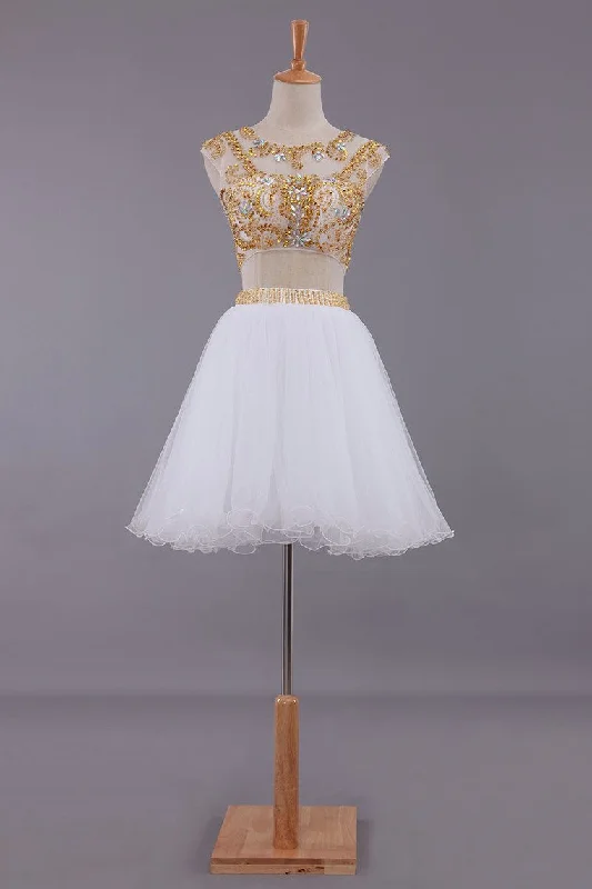 Two-Piece Scoop A Line Short/Mini Homecoming Dresses Tulle Beaded Bodice