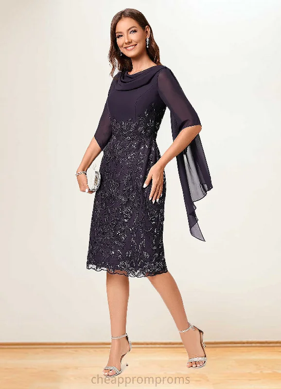 Miracle Sheath/Column Cowl Knee-Length Chiffon Lace Cocktail Dress With Ruffle Sequins STIP0022287