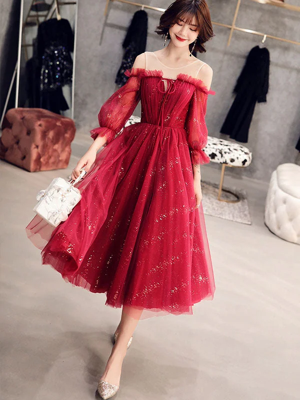 Sequins Tulle Cold Shoulder Midi Evening Dress with Bishop Sleeve