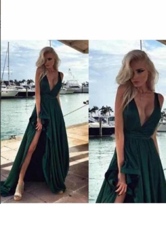 V Neck A Line Satin Prom Dresses With Slit Sweep Train
