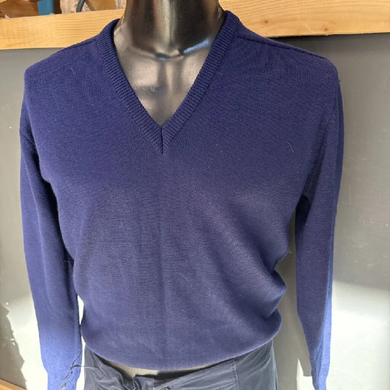 Castle - Wool V-Neck Sweater: Navy Blue-unisex- Handmade Hand-knitted Hand-woven