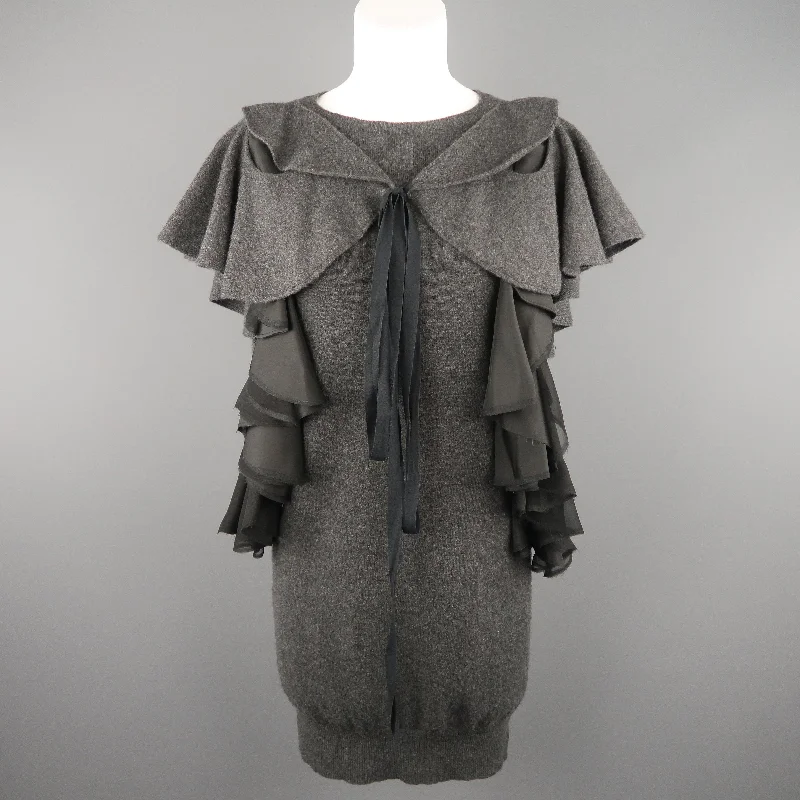 SACAI Size M Grey Wool Knit Black Silk Ruffle Bow Sweater Dress Chenille Blend Fleece Blend Nylon Blend