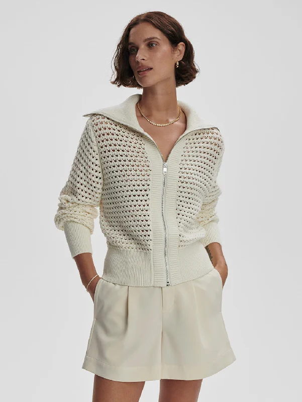 Eloise Full Zip Knit Sweater - Egret Hooded Caped Shawl Collar