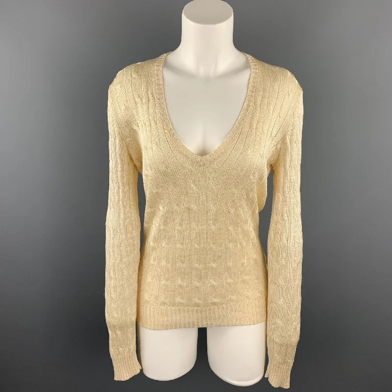 RALPH LAUREN Black Label Size M Cream Cable Knit Silk Sweater Solid Print Embellished