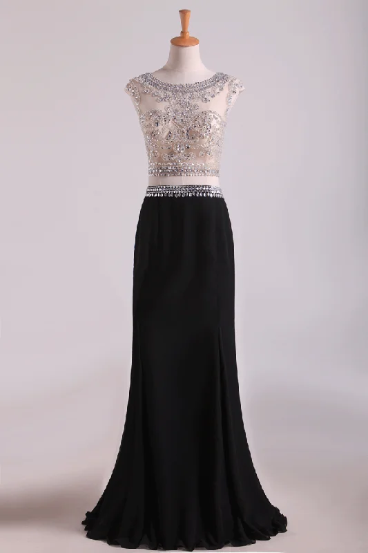 Two-Piece Scoop Column Prom Dresses Beaded Bodice Chiffon