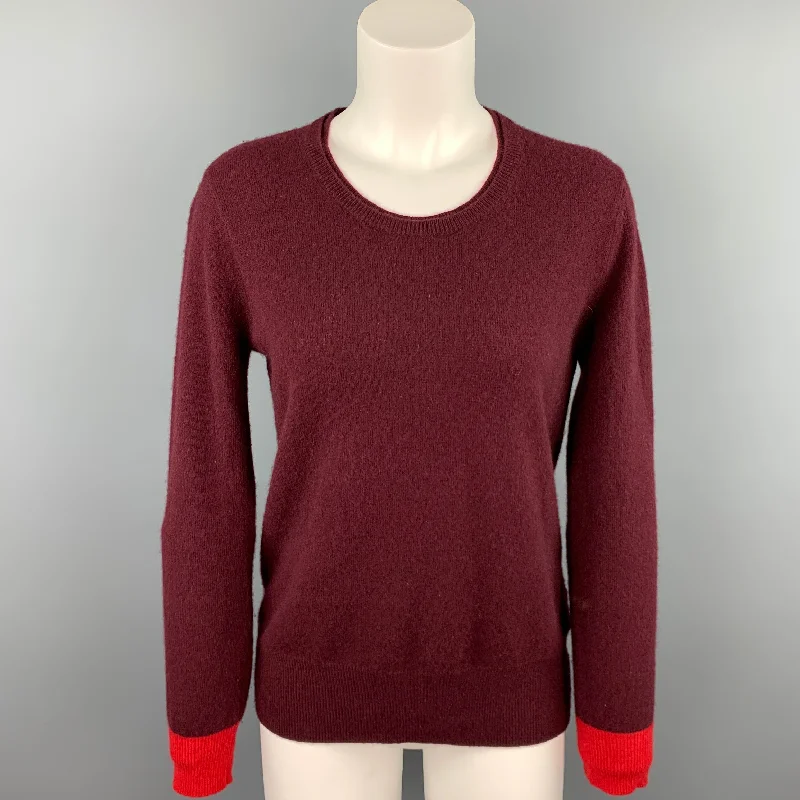 BURBERRY BRIT Size S Burgundy Knitted Color Block Cashmere Crew-Neck Sweater Cable Knit Ribbed Knit Lace Knit