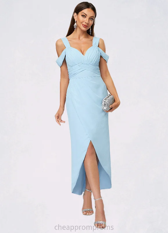Crystal Sheath/Column Cold Shoulder Asymmetrical Chiffon Cocktail Dress With Ruffle STIP0022462