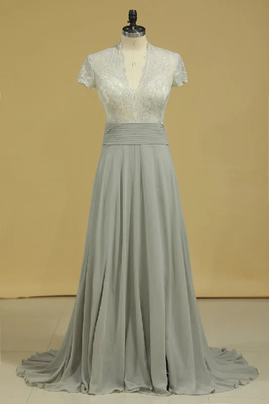 V Neck Prom Dresses A Line Chiffon With Slit & Applique